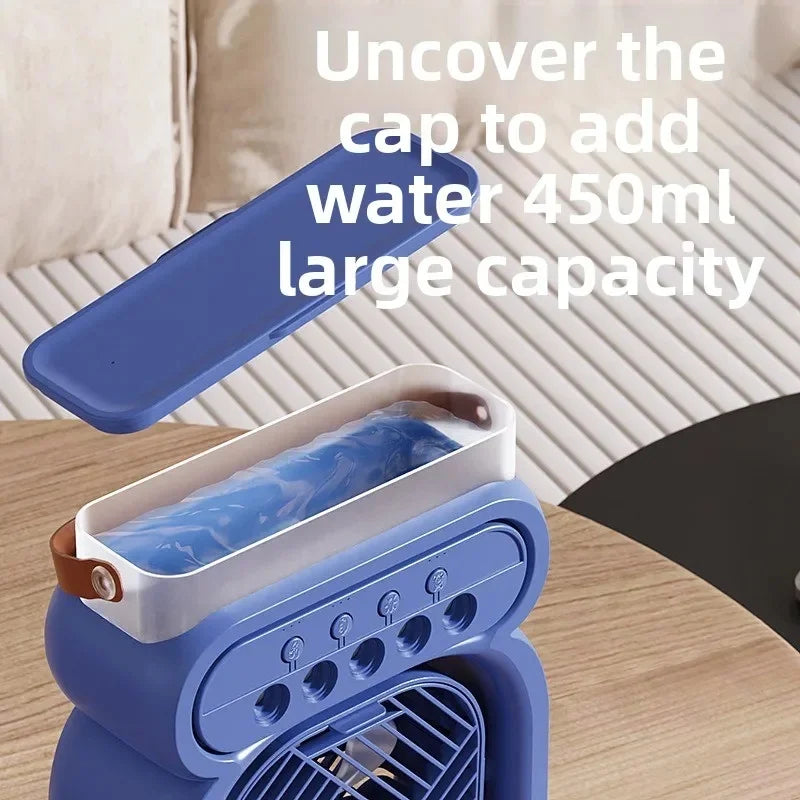 3-in-1 Humidifier Fan with LED Night Light – Portable Mini Air Cooler, 3-Speed Cooling Fan for Bedroom, Office & Home Use