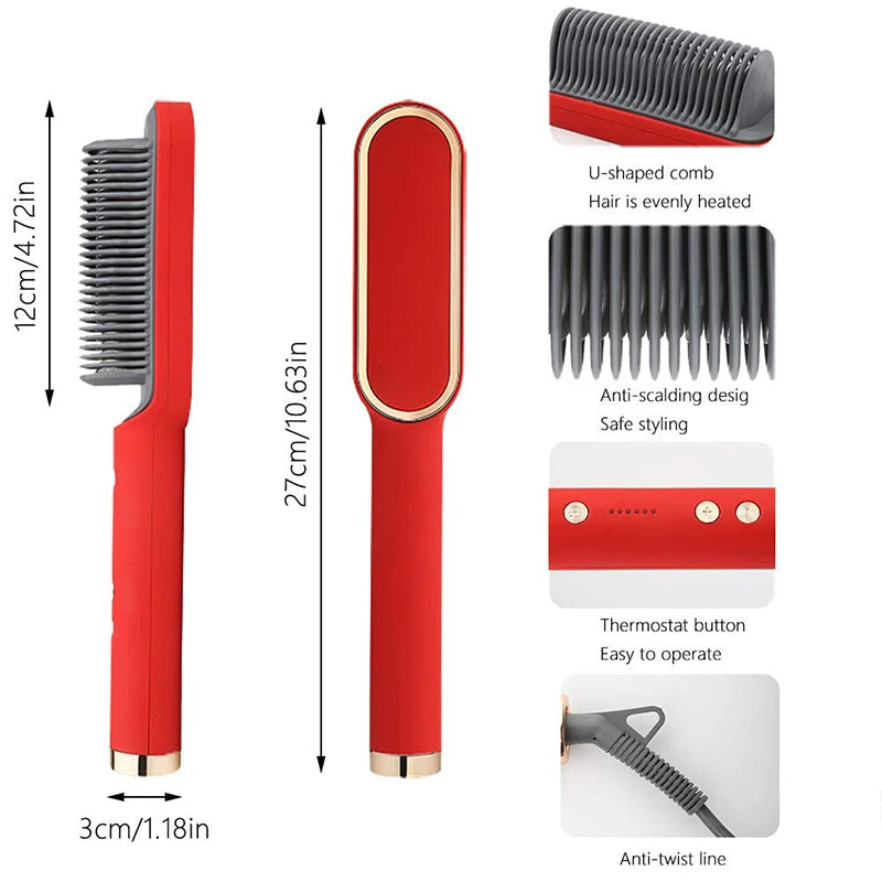 2-in-1 Ionic Heated Hair Straightening & Curling Comb – Negative Ion Anti-Damage Hot Comb Hair Styler for Smooth Straight & Curly Hair
