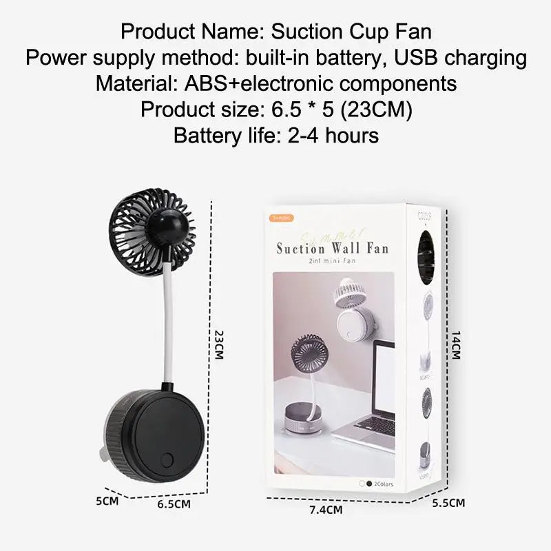 Suction Cup Wall Mounted Rechargeable Fan – 360° Rotating Mini Desk & Wall Fan