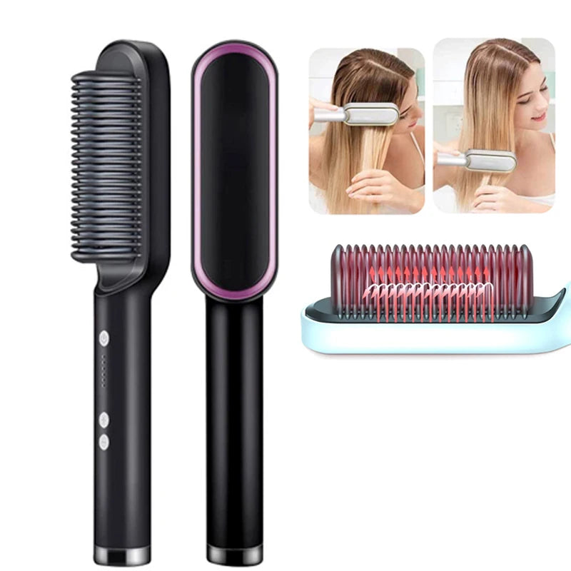 2-in-1 Ionic Heated Hair Straightening & Curling Comb – Negative Ion Anti-Damage Hot Comb Hair Styler for Smooth Straight & Curly Hair