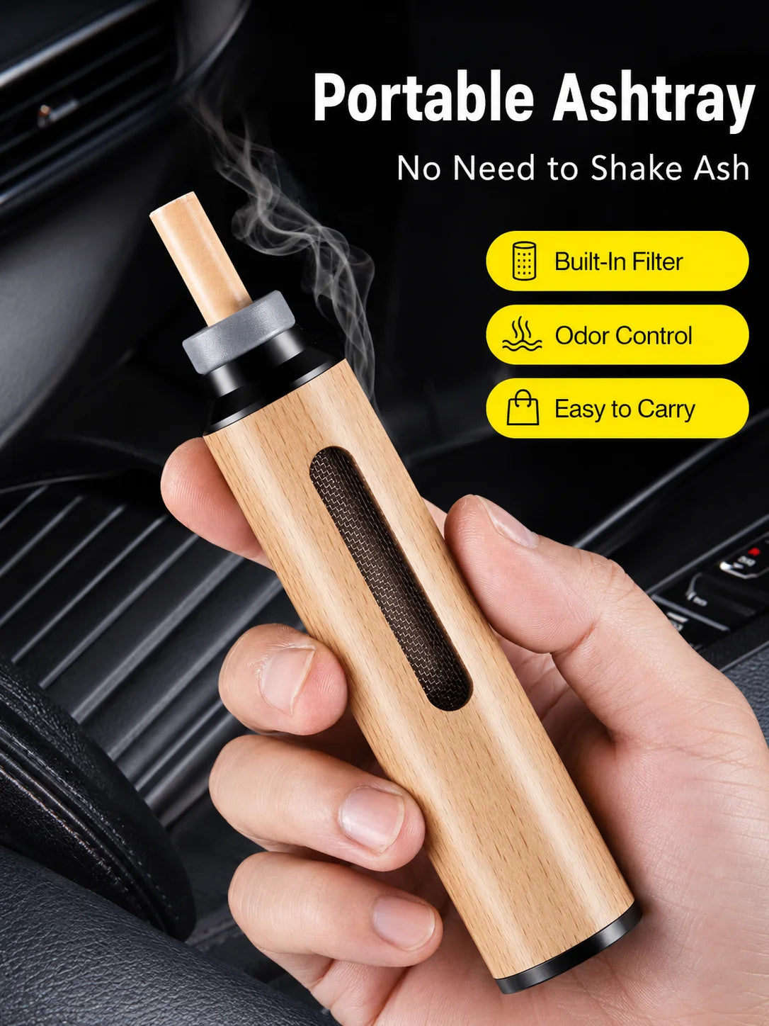 Portable Wooden Car Ashtray & Cigarette Holder – Dust-Free Anti-Ash Smoking Device