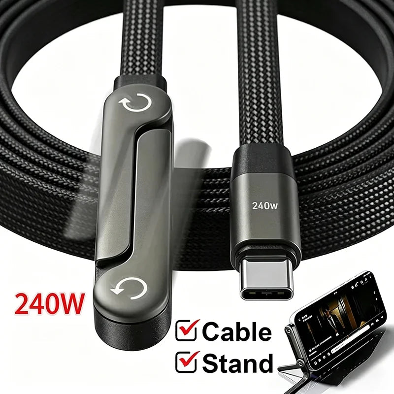 240W Type-C to Type-C Fast Charging Cable with Elbow Design & Foldable Phone Stand