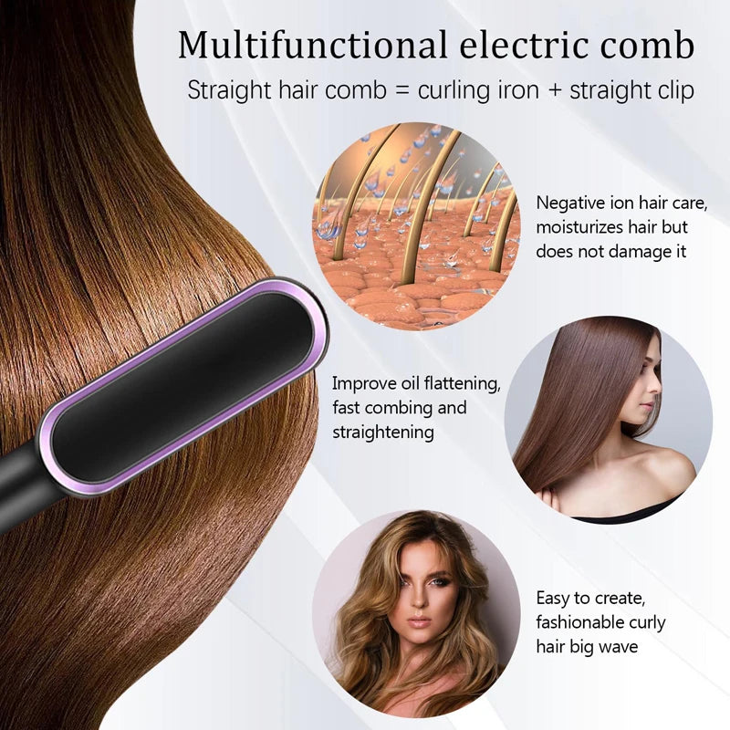 2-in-1 Ionic Heated Hair Straightening & Curling Comb – Negative Ion Anti-Damage Hot Comb Hair Styler for Smooth Straight & Curly Hair