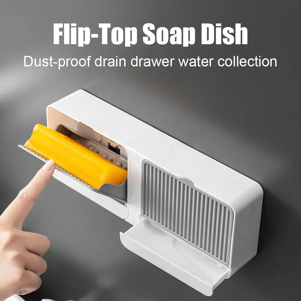 Wall-Mounted Plastic Soap Dish Holder with Lid – Bathroom Storage Organizer