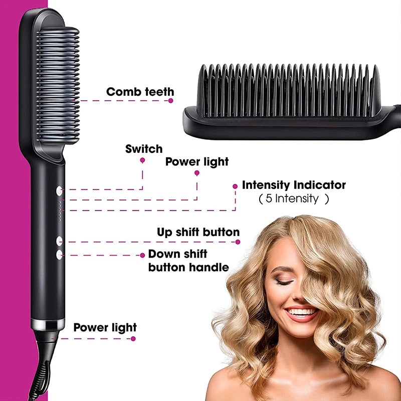 2-in-1 Ionic Heated Hair Straightening & Curling Comb – Negative Ion Anti-Damage Hot Comb Hair Styler for Smooth Straight & Curly Hair