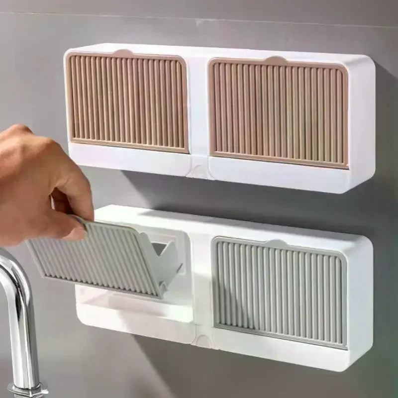 Wall-Mounted Plastic Soap Dish Holder with Lid – Bathroom Storage Organizer