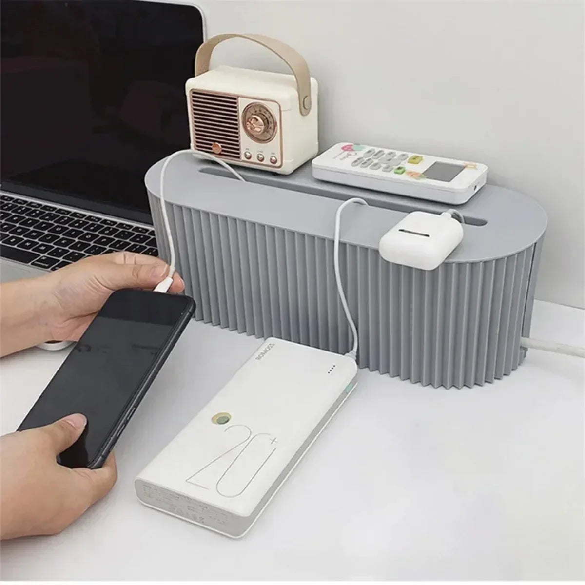 Nordic Cable Organizer Box – Power Strip, WiFi Router & Cable Management Shelf
