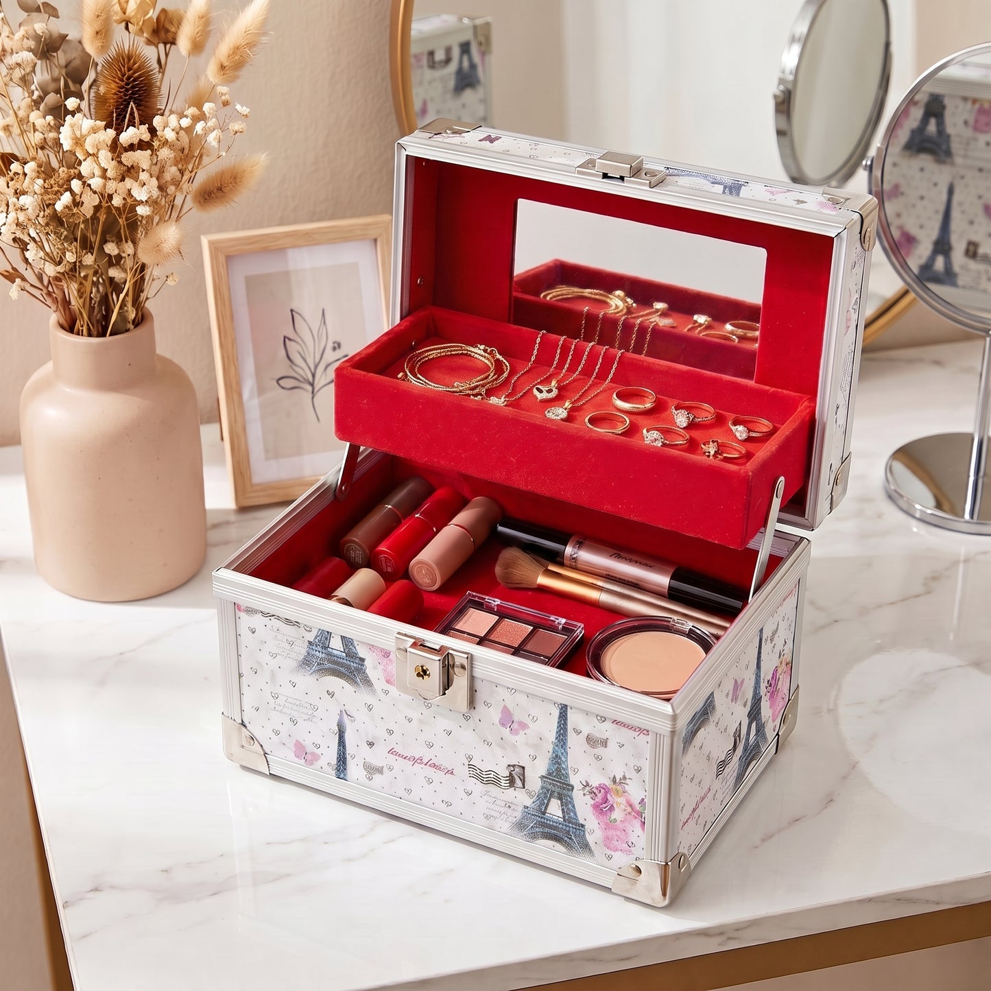 Makeup & Jewelry Storage Box with Mirror & Lock