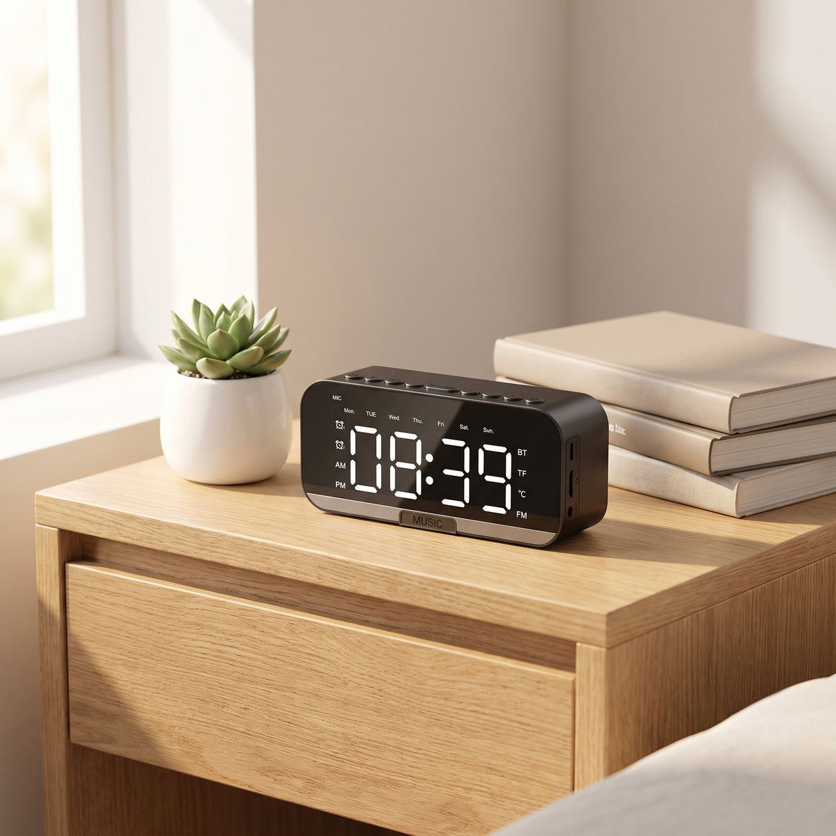 5-in-1 Smart Digital Alarm Clock with Bluetooth Speaker, FM Radio & Phone Stand