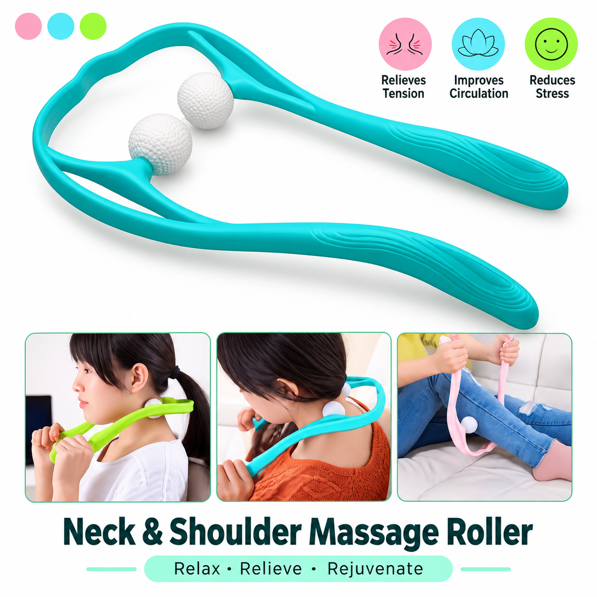Neck & Shoulder Massage Roller with Dual Pressure Balls | Self Massage Tool