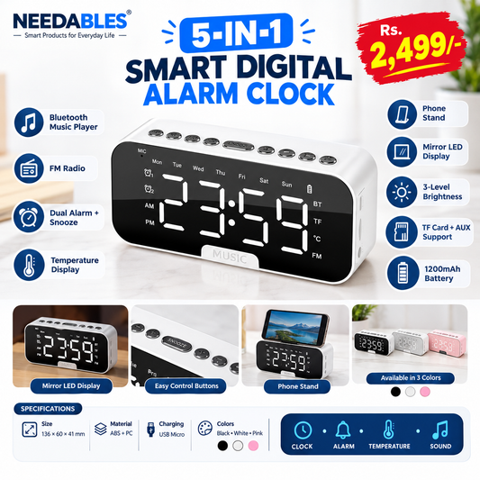 5-in-1 Smart Digital Alarm Clock with Bluetooth Speaker, FM Radio & Phone Stand