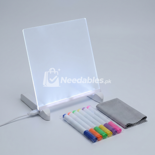 LED Light-Up Acrylic Writing Board 15×15 cm with Stand – Colorful LED Erasable Message Pad with DIY Neon Pens for Notes, Doodles & Home Decor