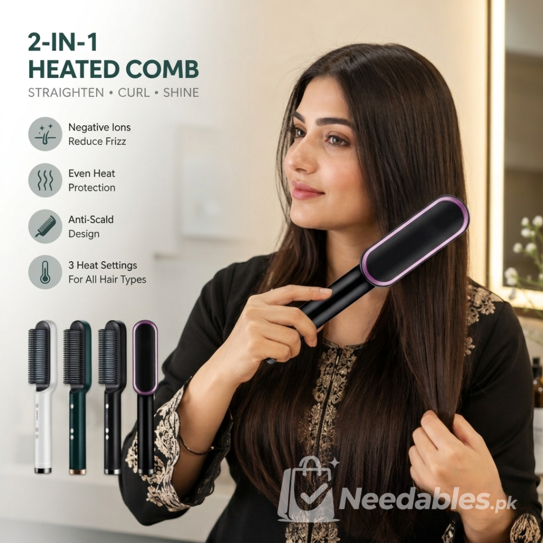 2-in-1 Ionic Heated Hair Straightening & Curling Comb – Negative Ion Anti-Damage Hot Comb Hair Styler for Smooth Straight & Curly Hair