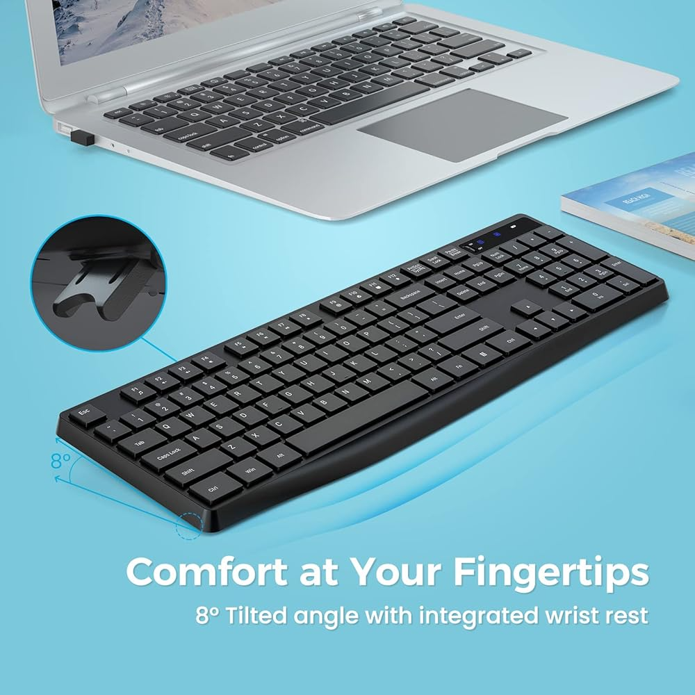 Wireless Keyboard Model PC230A Slim 2.4GHz USB Keyboard with Silent Keys Ergonomic & Battery Operated