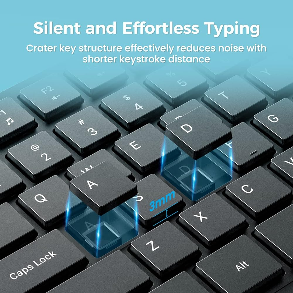 Wireless Keyboard Model PC230A Slim 2.4GHz USB Keyboard with Silent Keys Ergonomic & Battery Operated