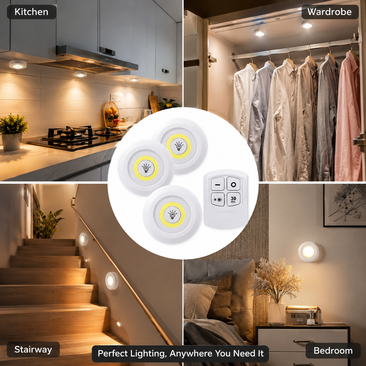 Battery Operated LED Puck Lights with Remote Control – Wireless Stick-On Under Cabinet & Closet Lights